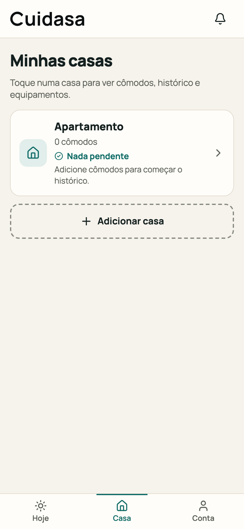 Aba Casa com a lista “Minhas casas” e o botão “Adicionar casa”