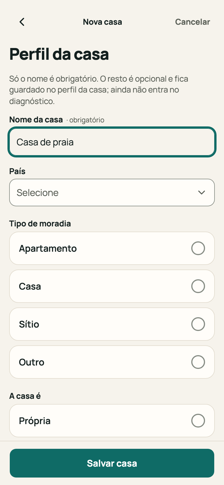 Tela “Perfil da casa” com o nome preenchido e o botão “Salvar casa”
