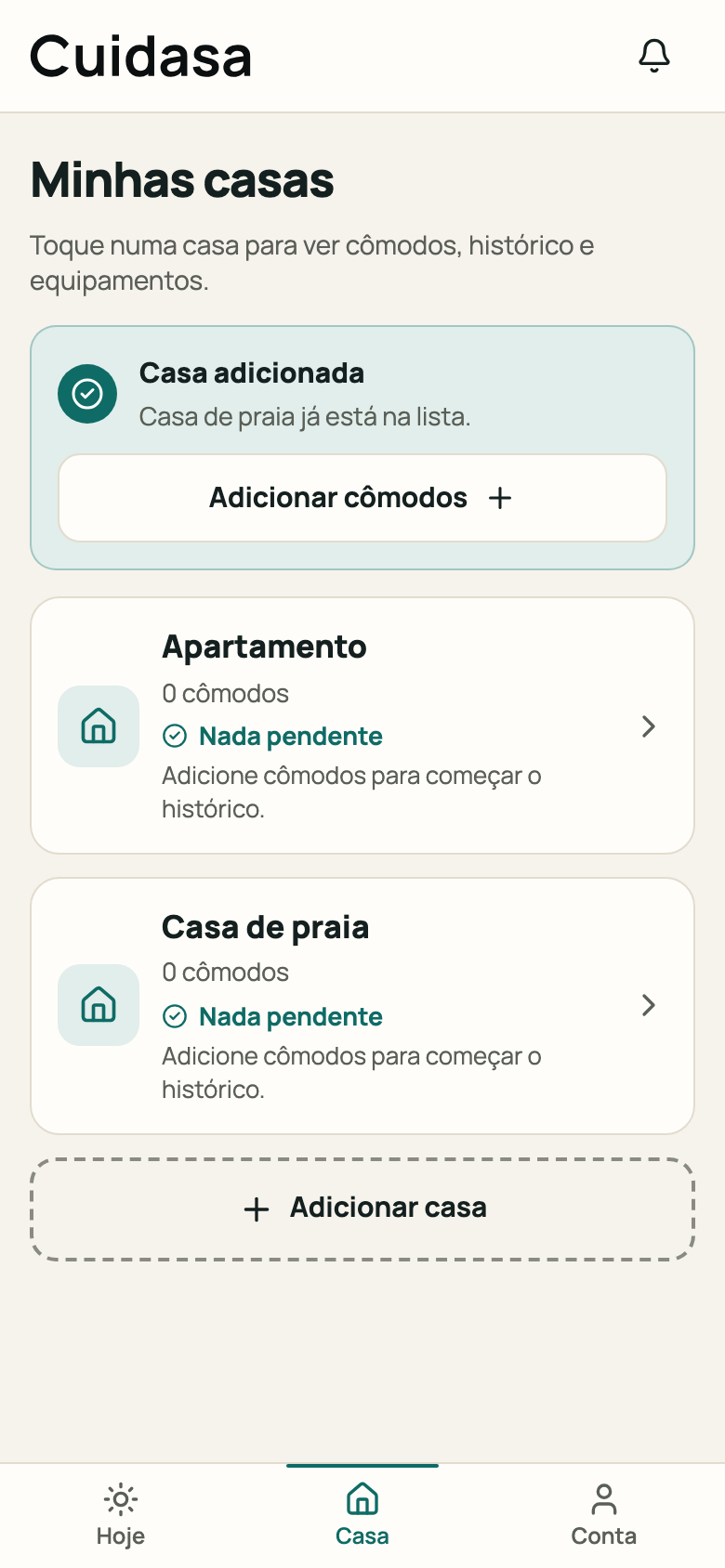 Confirmação “Casa adicionada” com o botão “Adicionar cômodos”