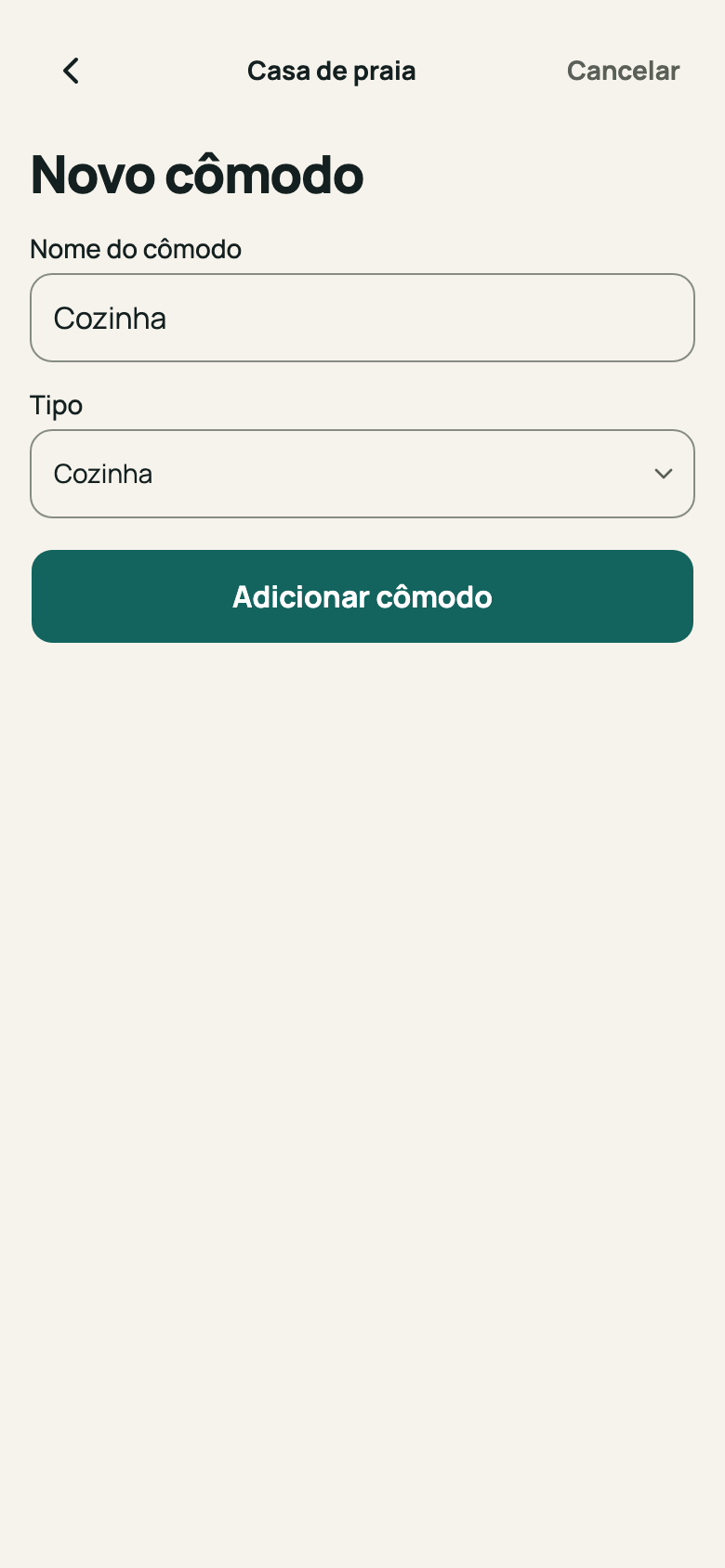 Tela “Novo cômodo” com nome e tipo escolhidos