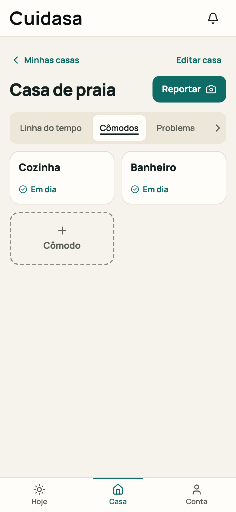 Aba “Cômodos” da casa com dois cômodos