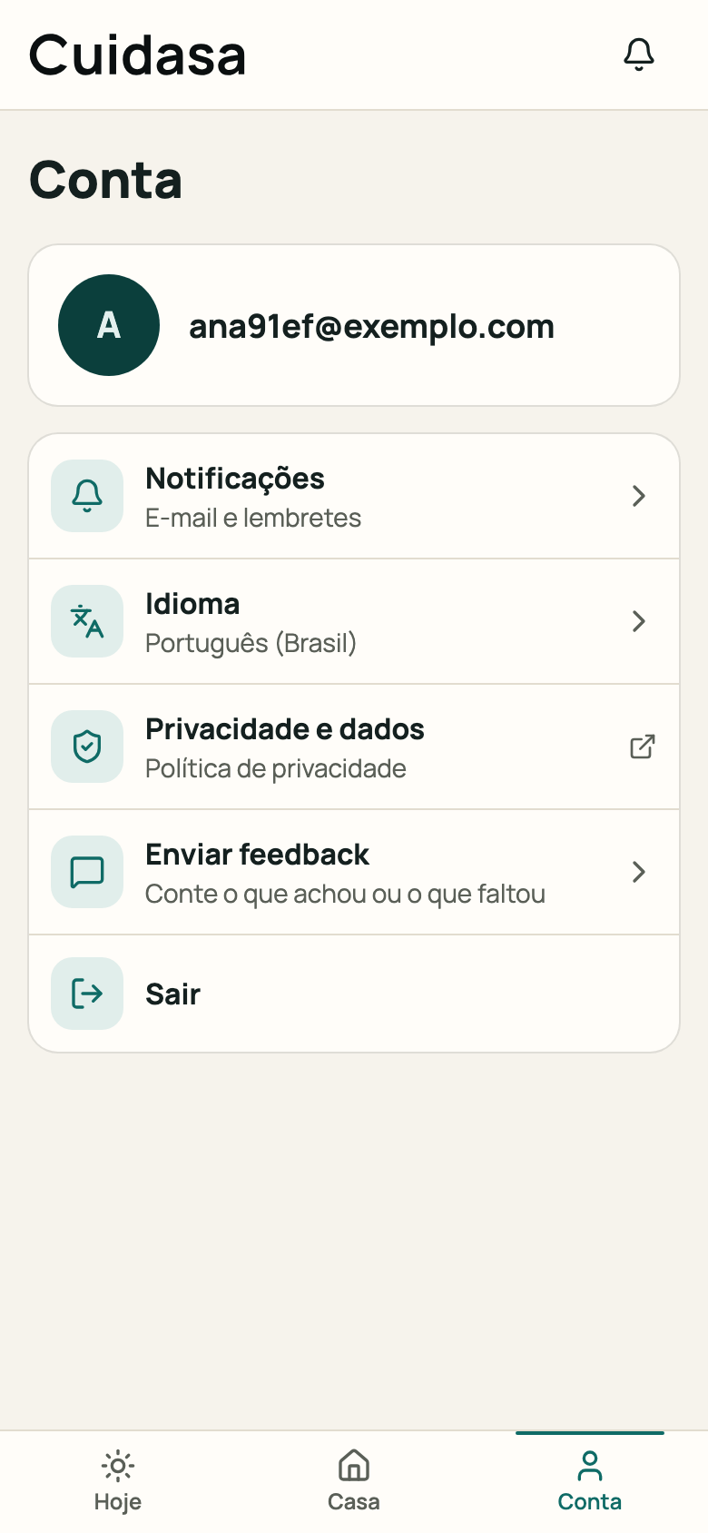 Aba Conta com a lista de opções
