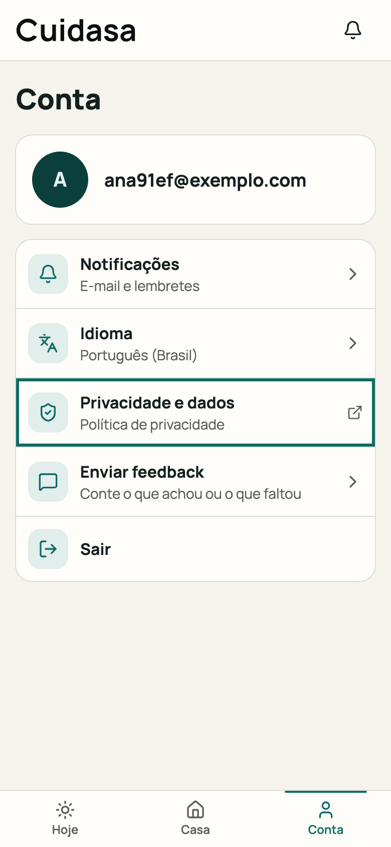 Item “Privacidade e dados” na Conta