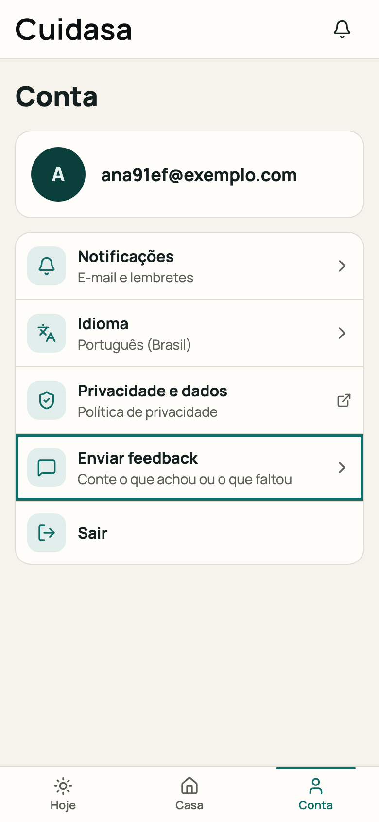 Item “Enviar feedback” e o endereço de contato