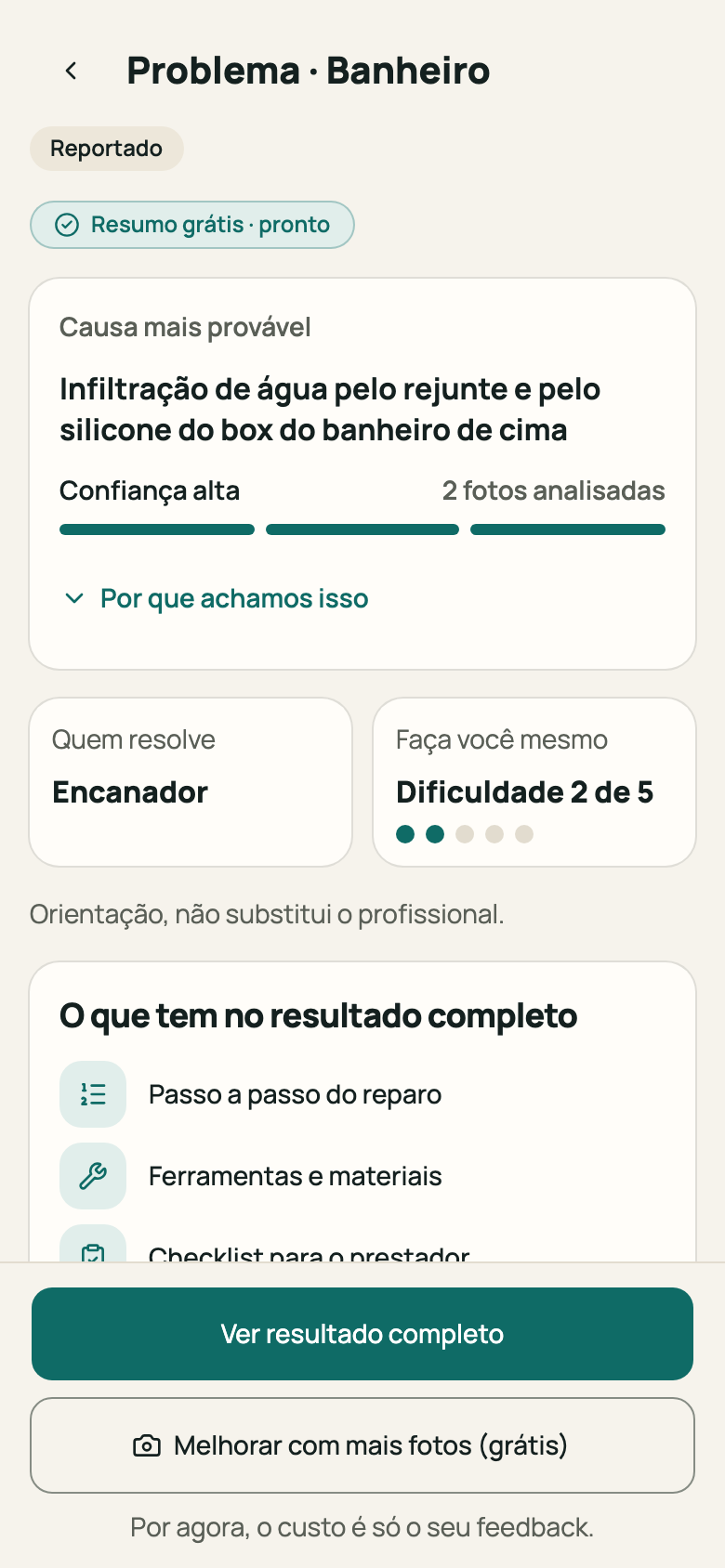 Resumo do resultado com causa e confiança