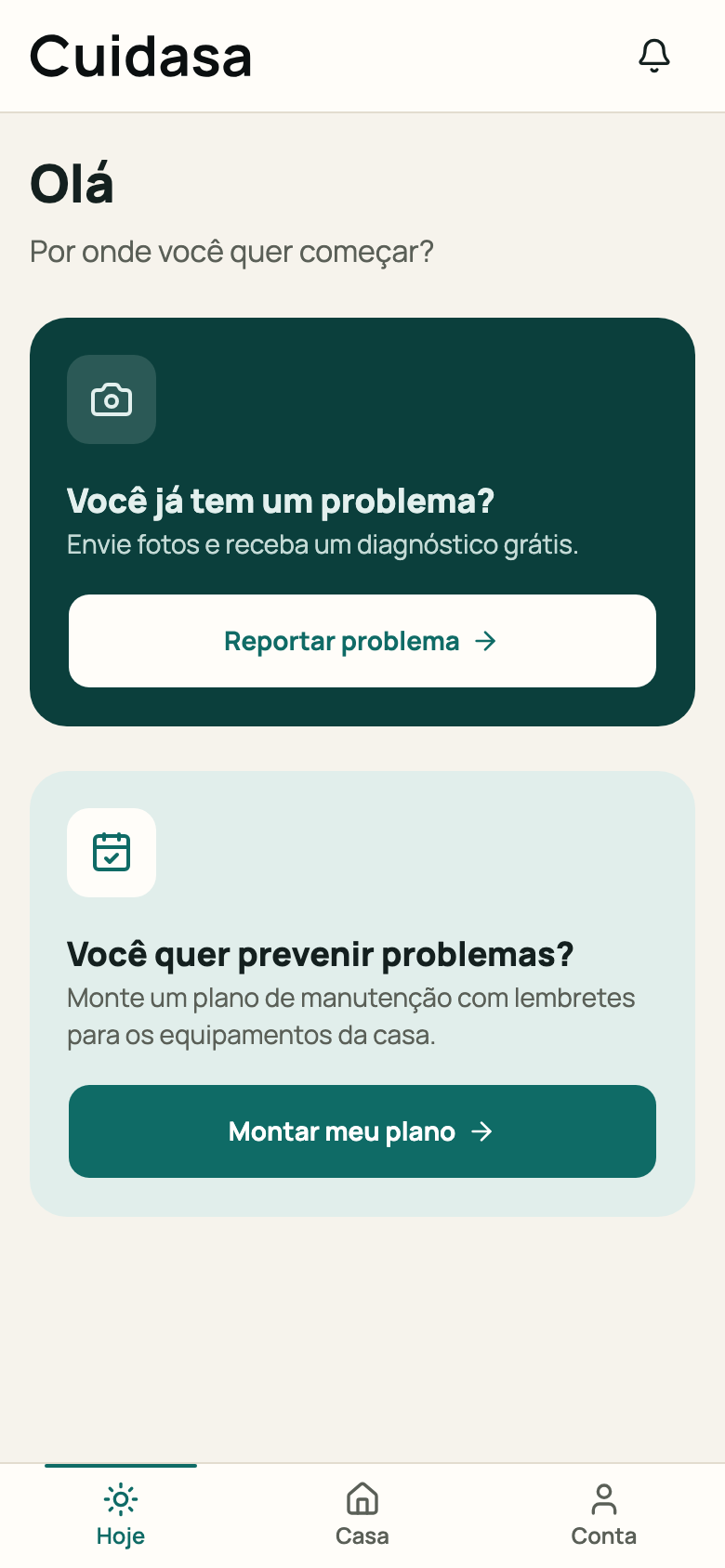 Hoje com o cartão “Você quer prevenir problemas?” e o botão “Montar meu plano”