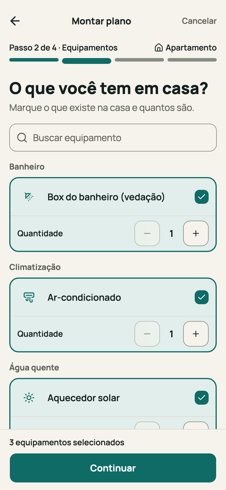 Etapa “Equipamentos” com itens marcados