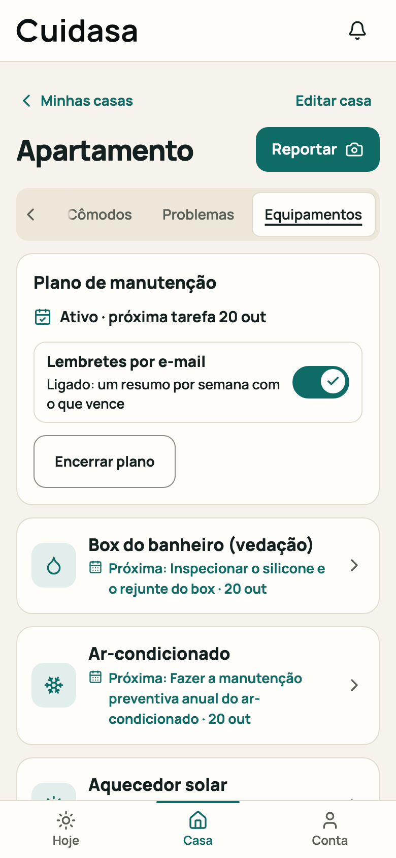 Bloco do plano na aba “Equipamentos”