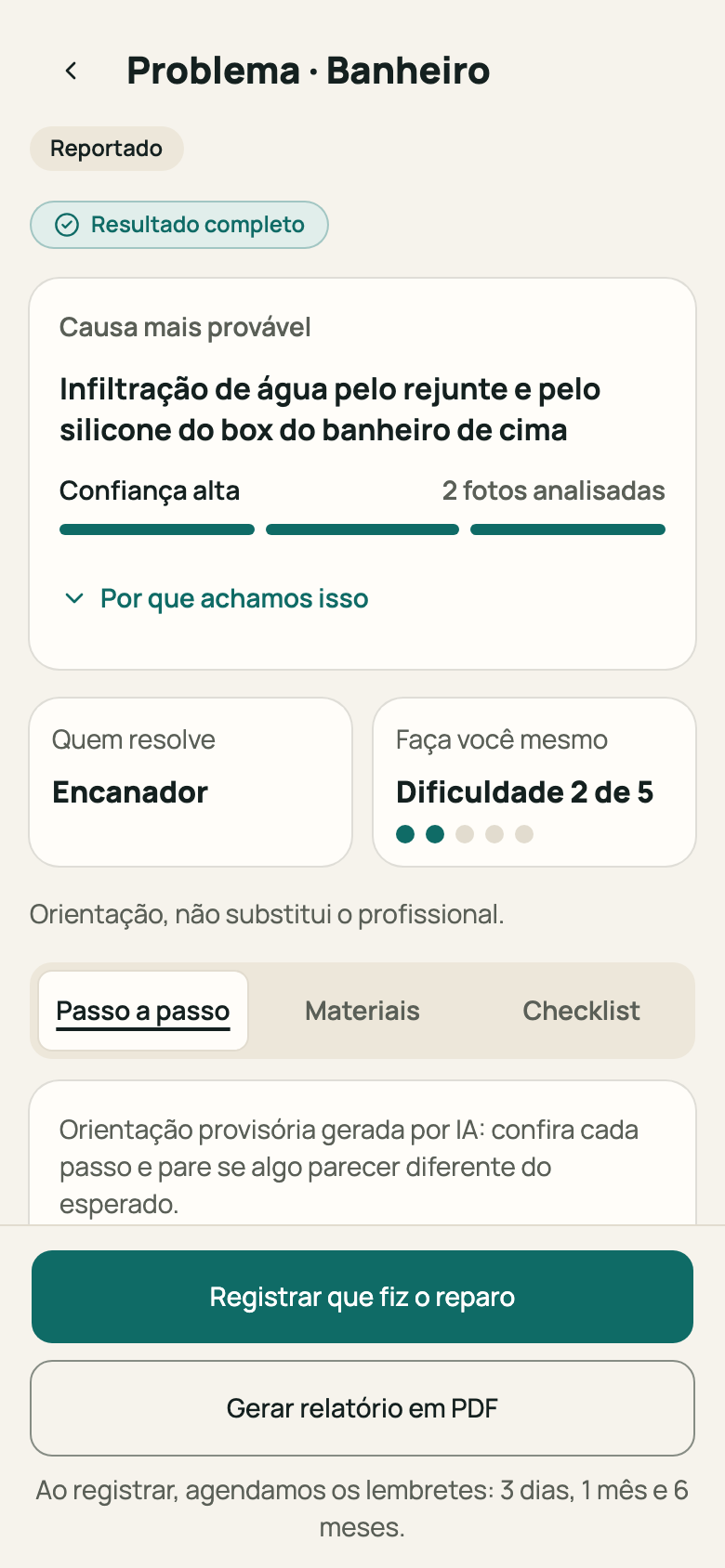 Resultado completo com o botão “Registrar que fiz o reparo”