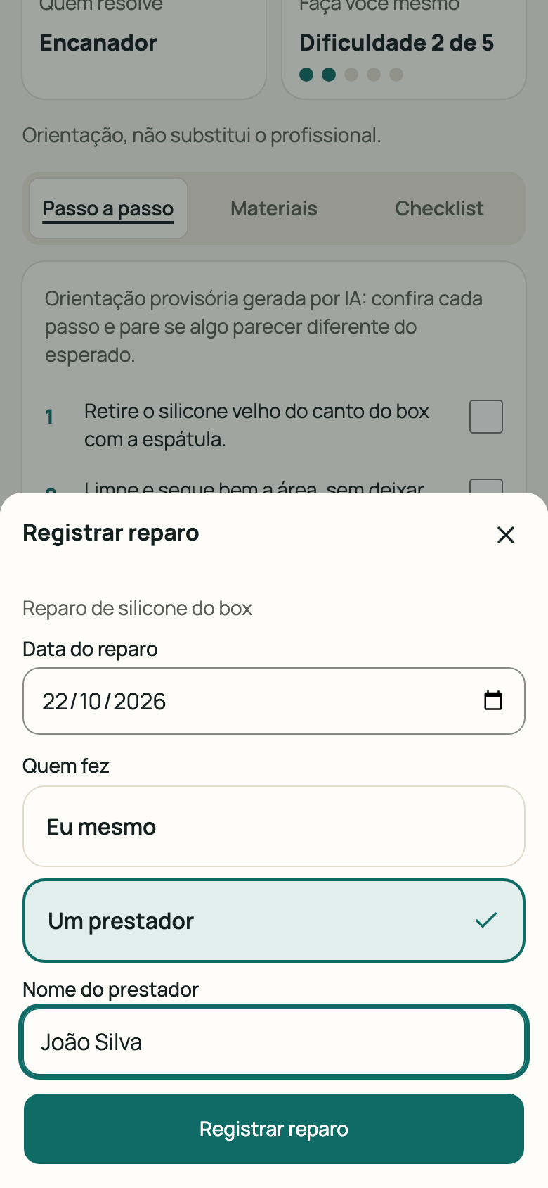 Painel “Registrar reparo” preenchido