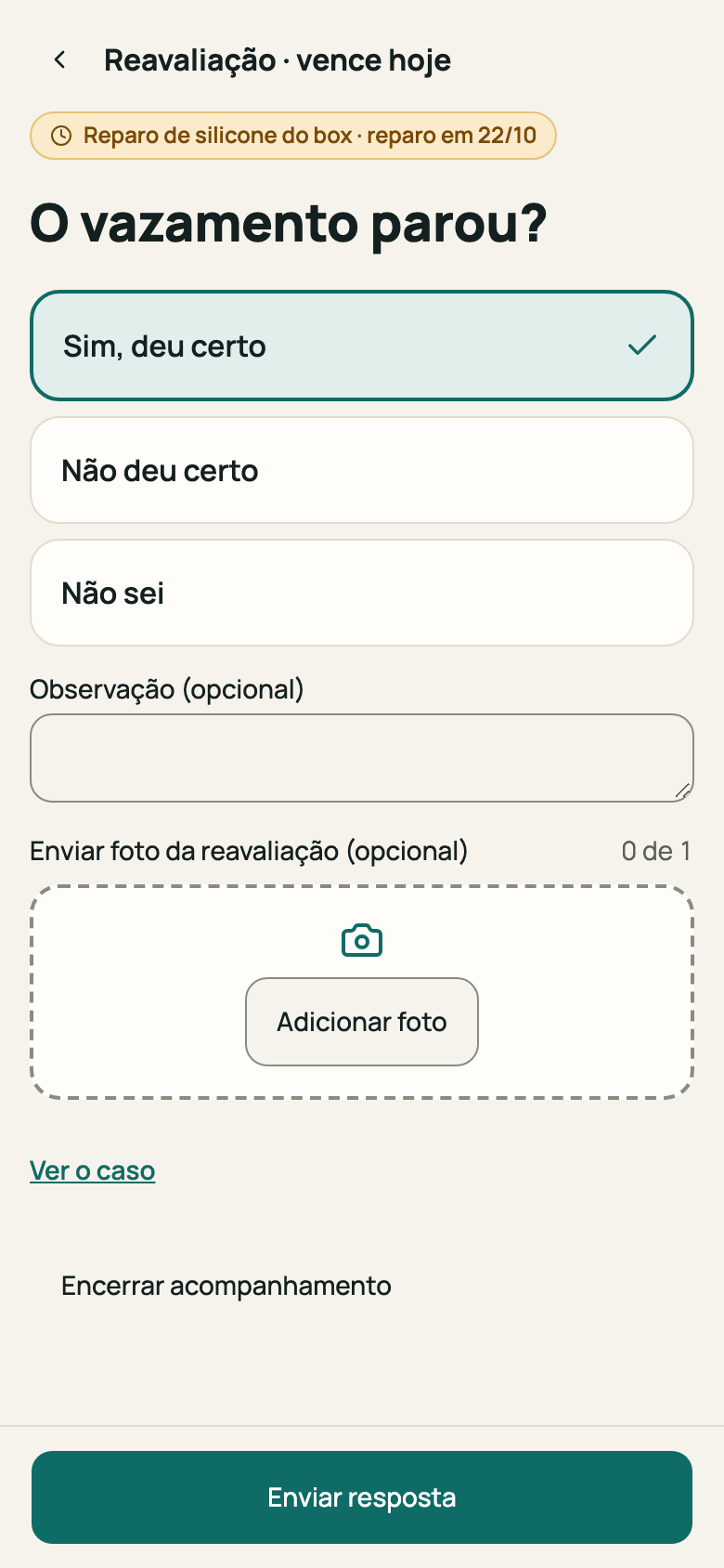 Tela de acompanhamento com as três respostas