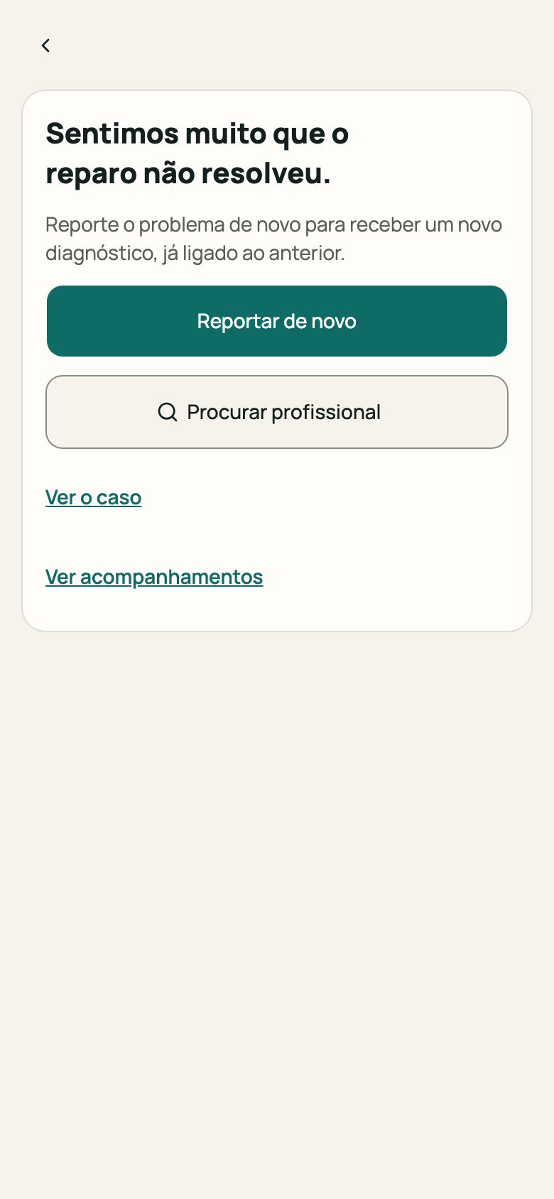 Aviso “Sentimos muito que o reparo não resolveu” com “Reportar de novo”