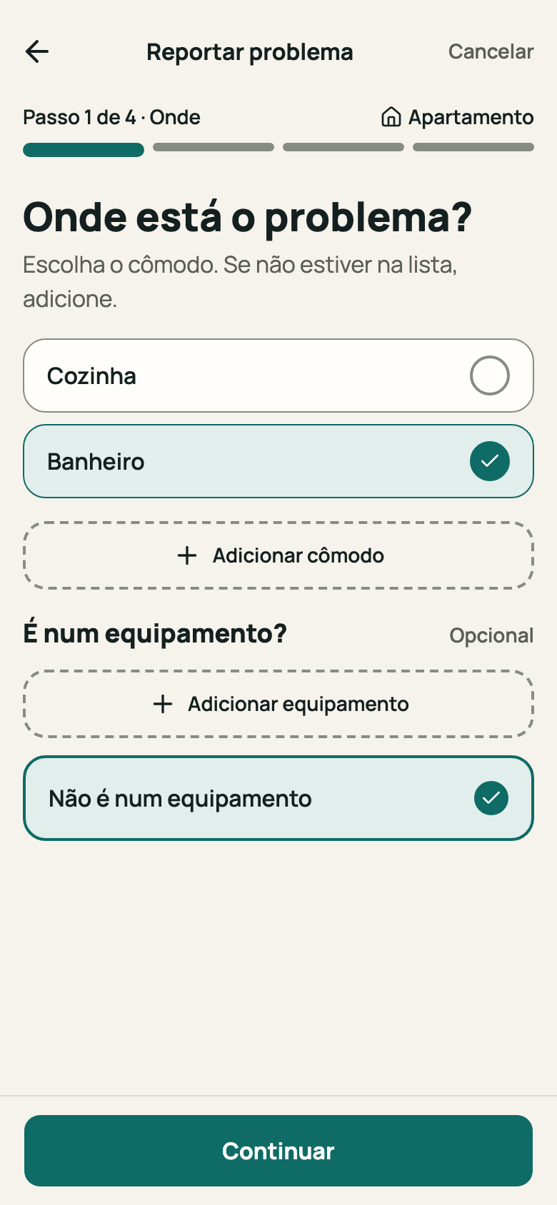 Etapa “Onde” com casa e cômodo escolhidos
