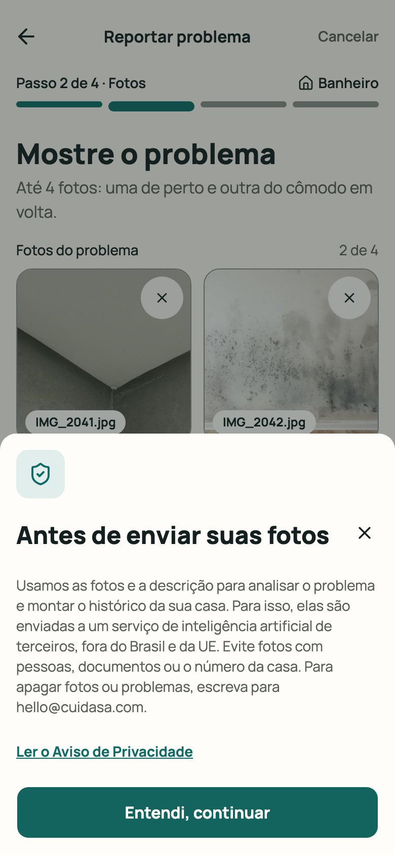 Aviso “Antes de enviar suas fotos”