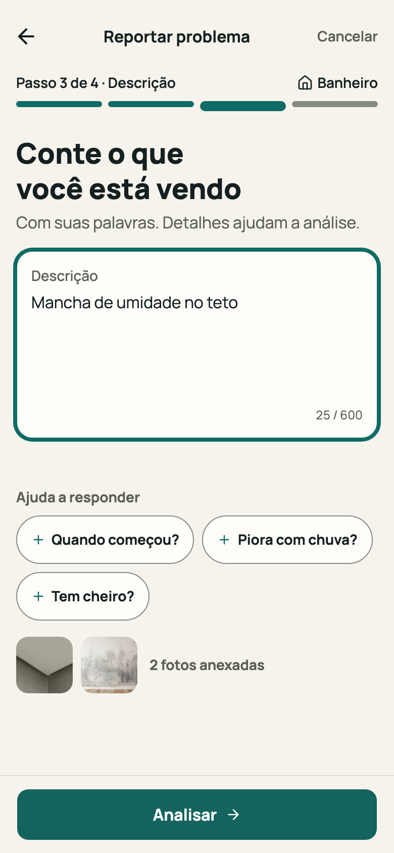 Etapa “Descrição” com texto e sugestões