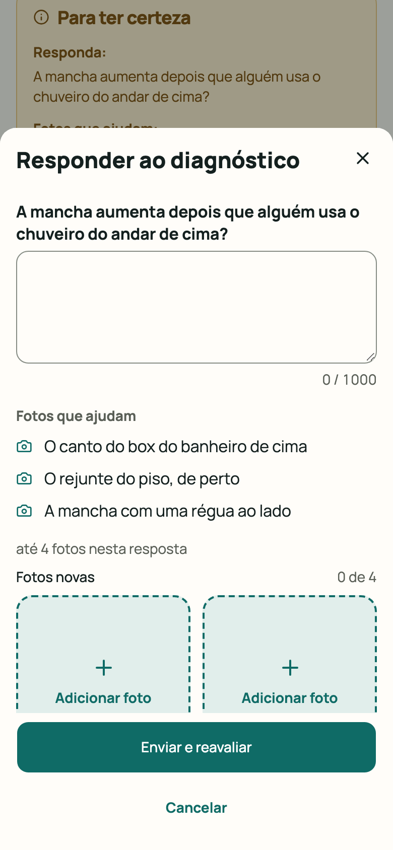 Painel “Responder ao diagnóstico” aberto