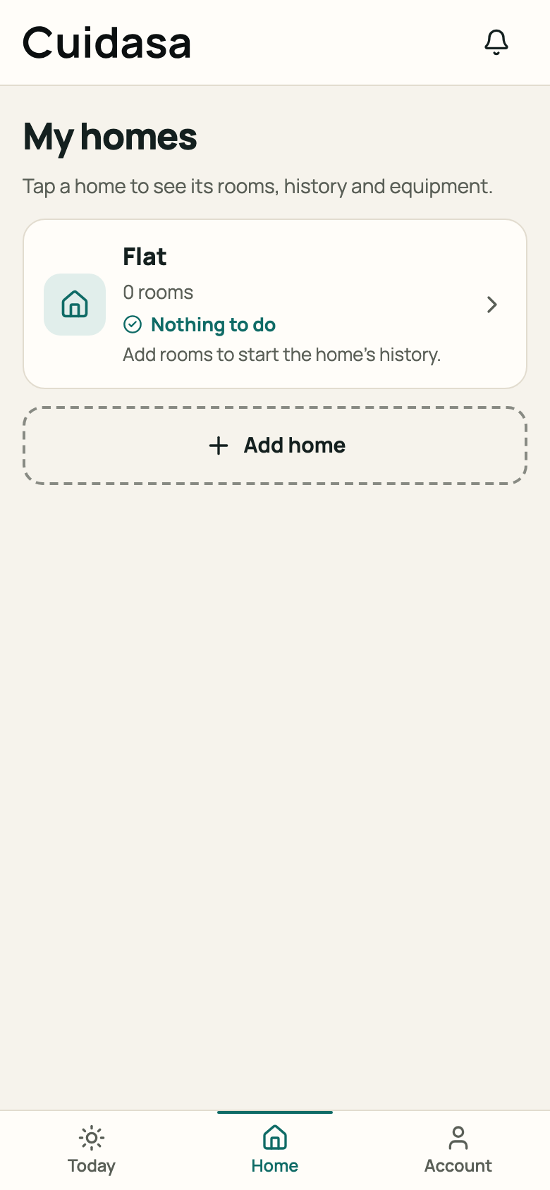 Home tab with the “My homes” list and the “Add home” button
