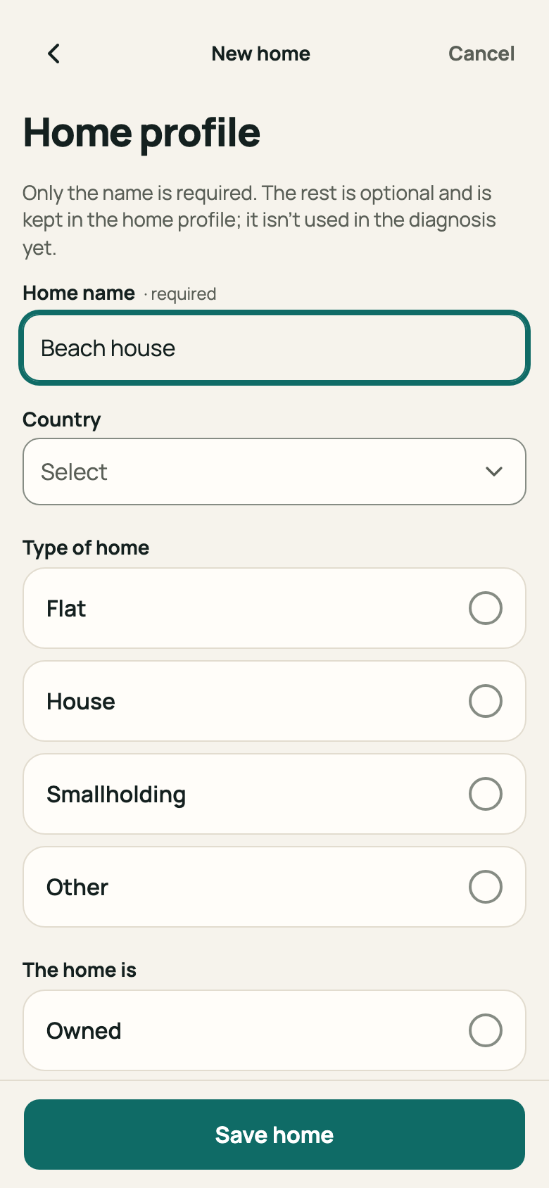 “Home profile” screen with the name filled in and the “Save home” button