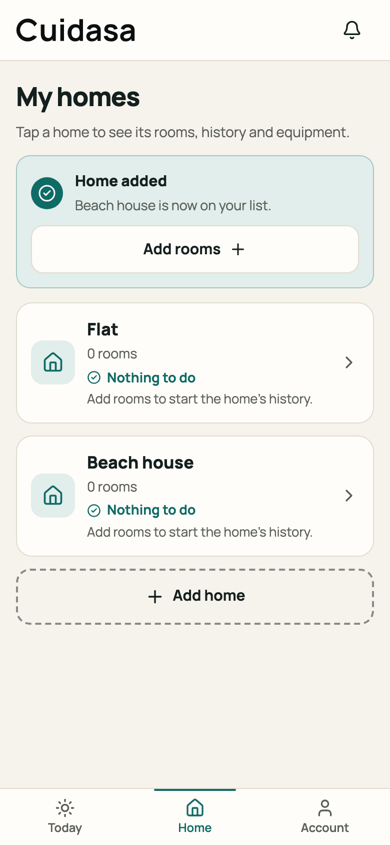 “Home added” confirmation with the “Add rooms” button
