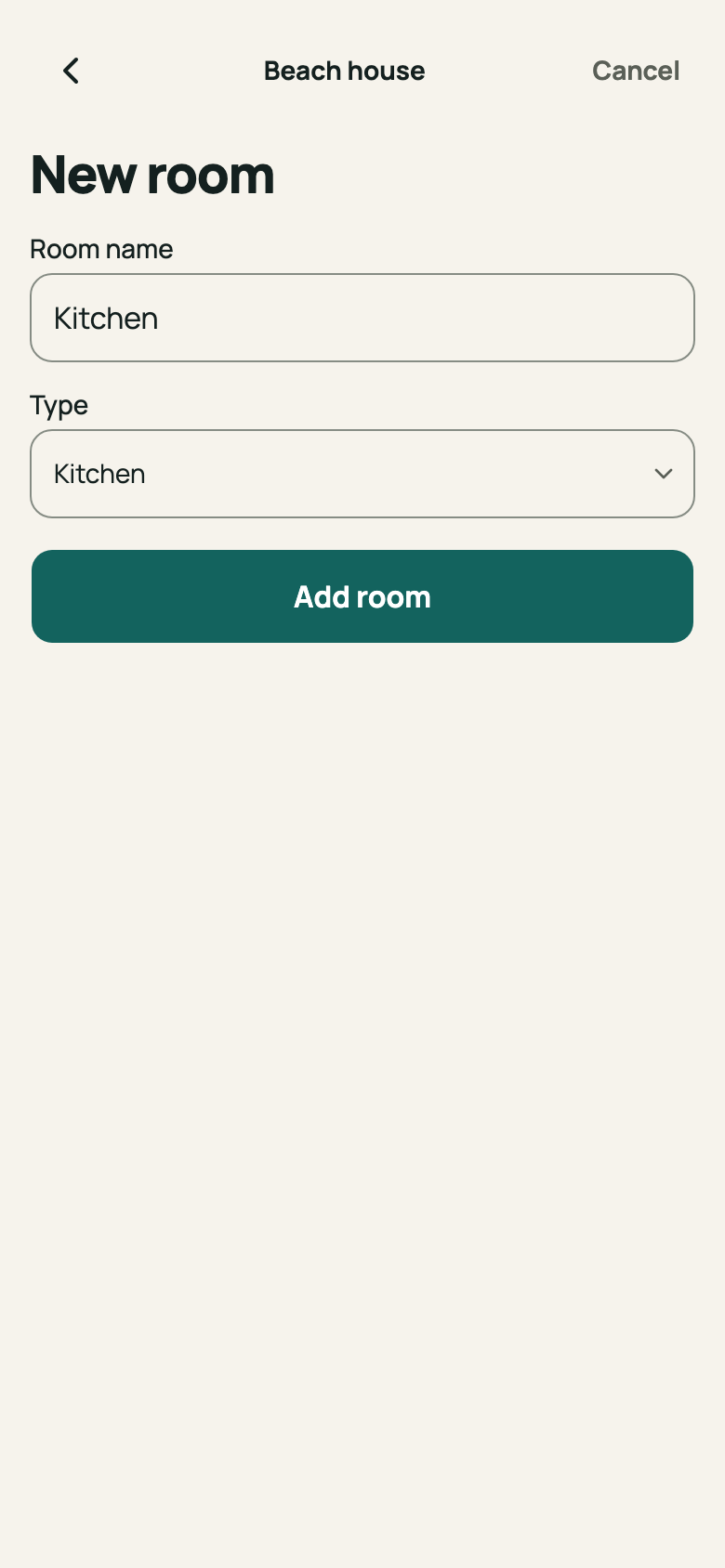 “New room” screen with a name and type chosen