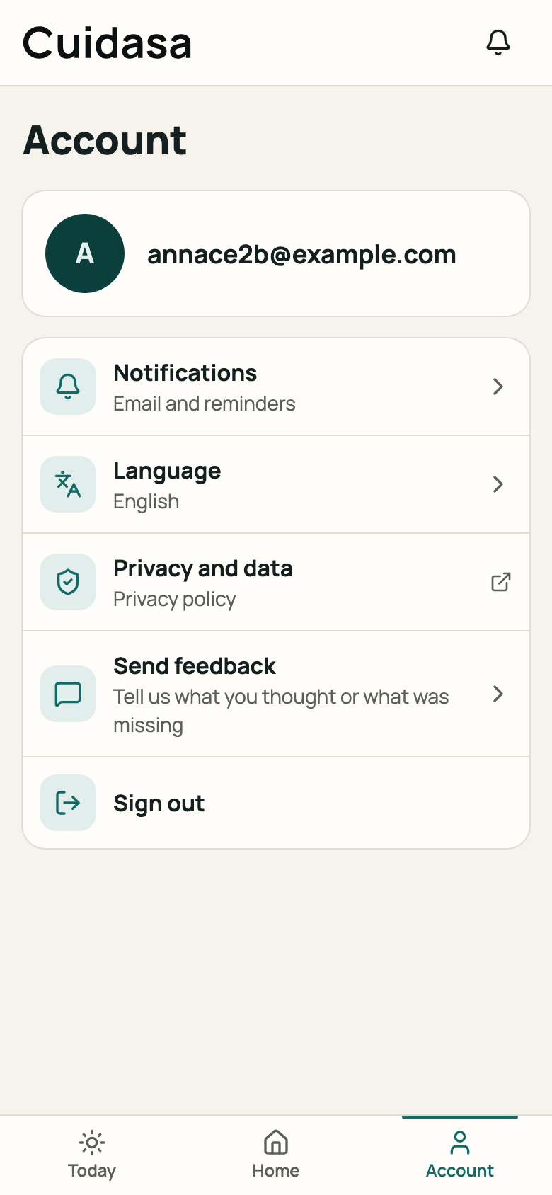 Account tab with the list of options