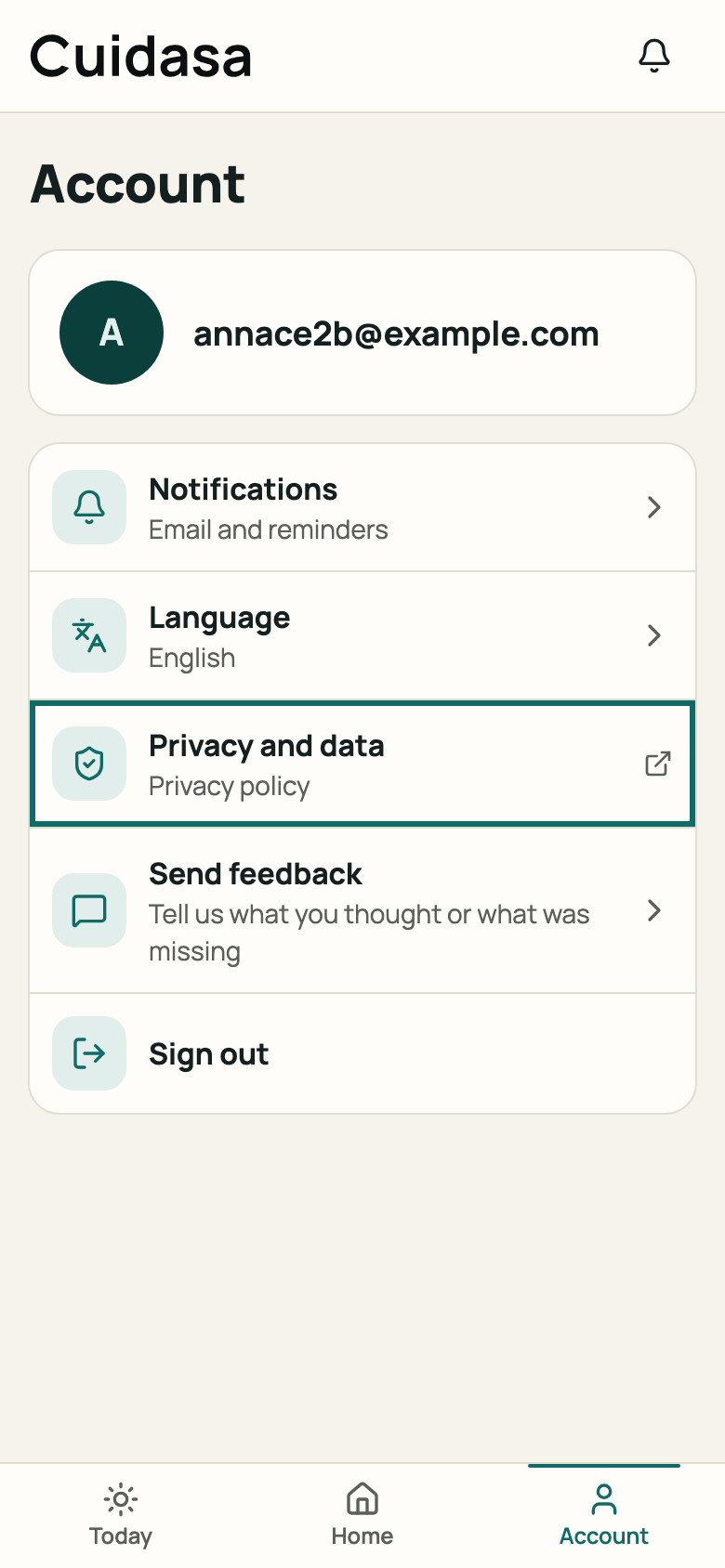 “Privacy and data” item in Account