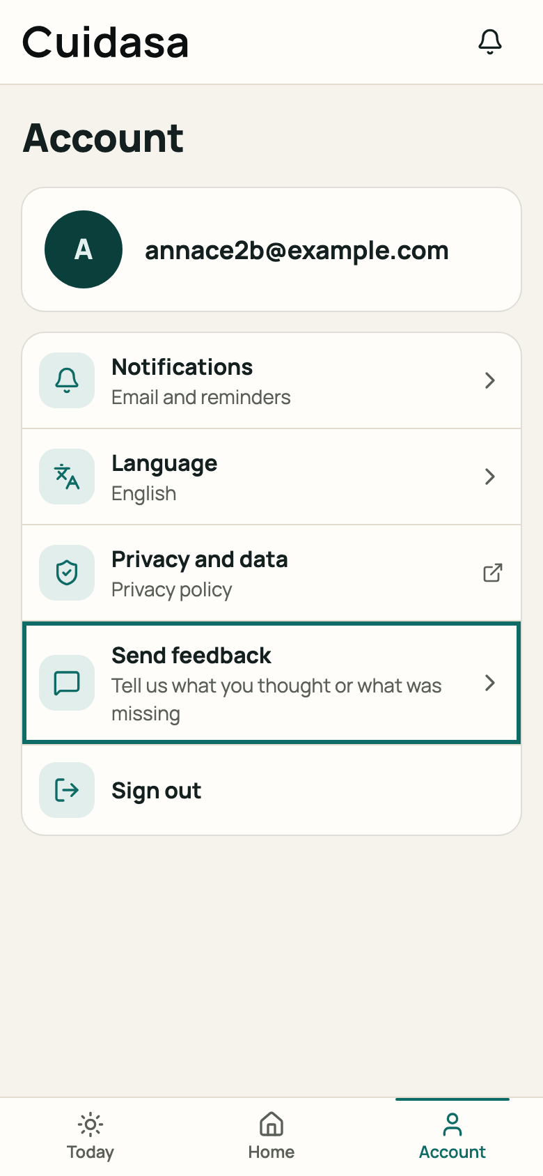 “Send feedback” item and the contact address