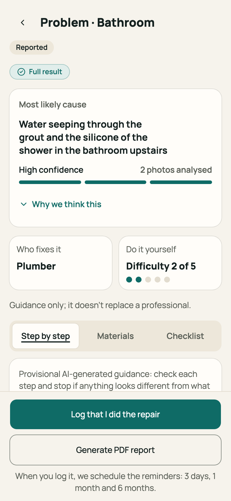 Full result with the “Log that I did the repair” button