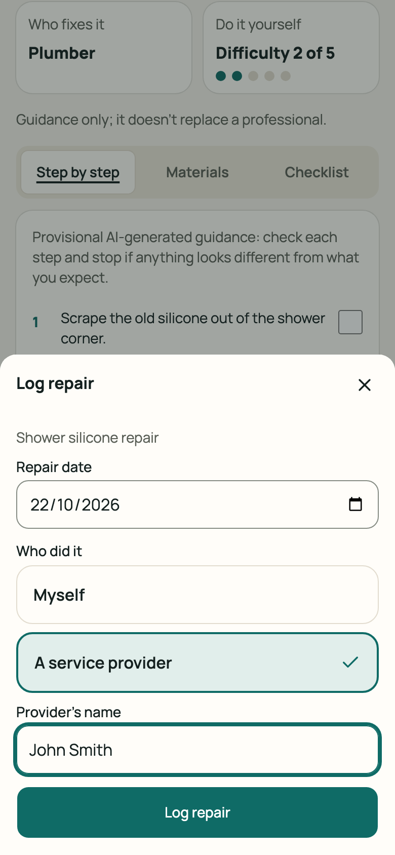 “Log repair” panel filled in