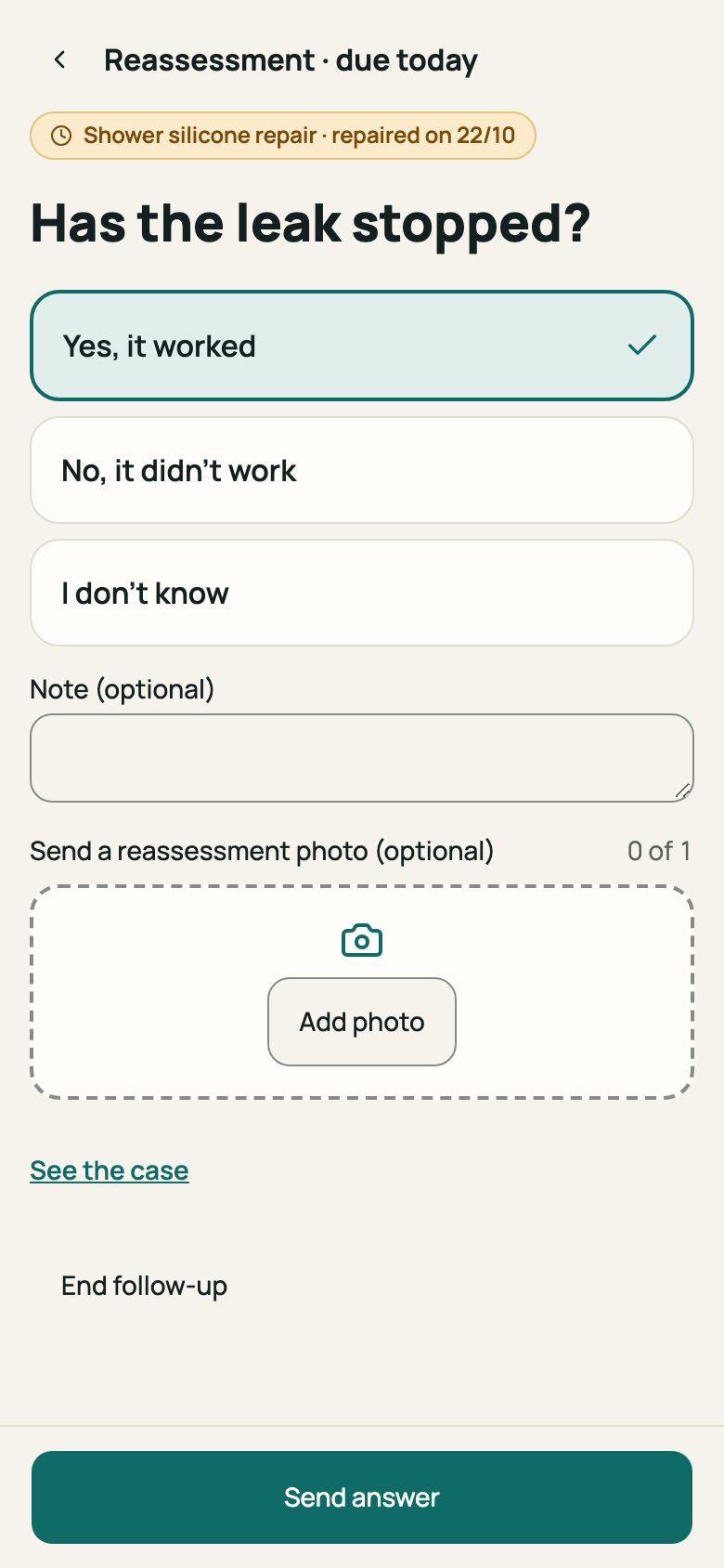 Follow-up screen with the three answers