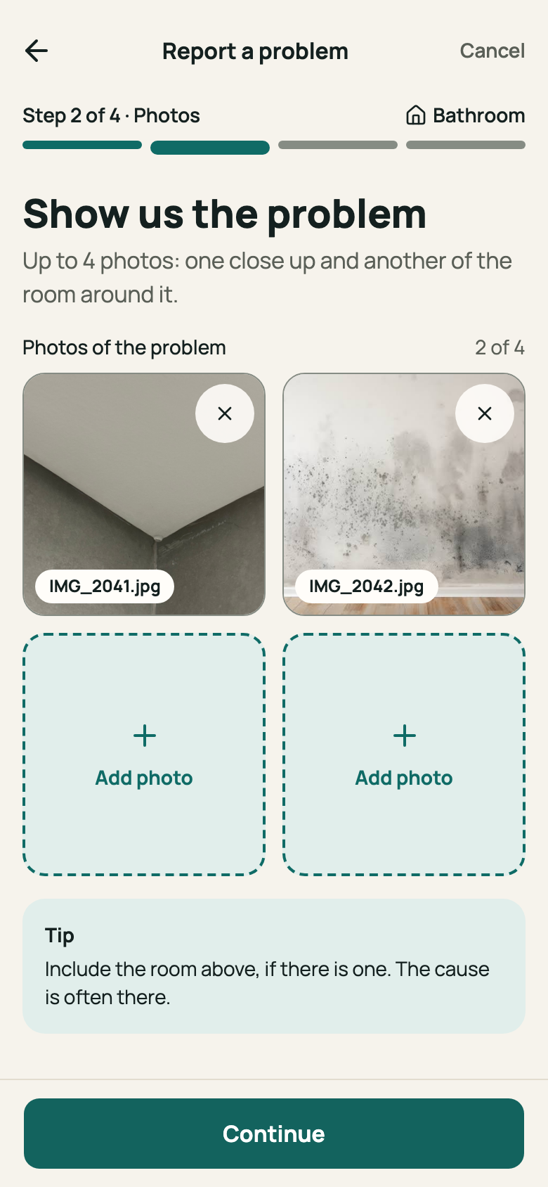 “Photos” step with two thumbnails