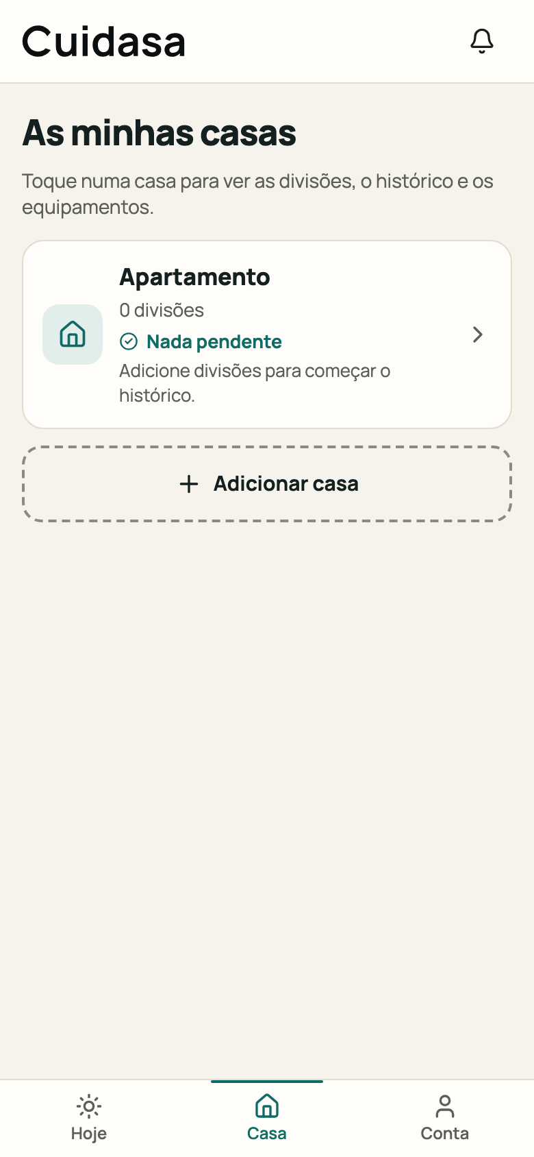 Separador Casa com a lista «As minhas casas» e o botão «Adicionar casa»