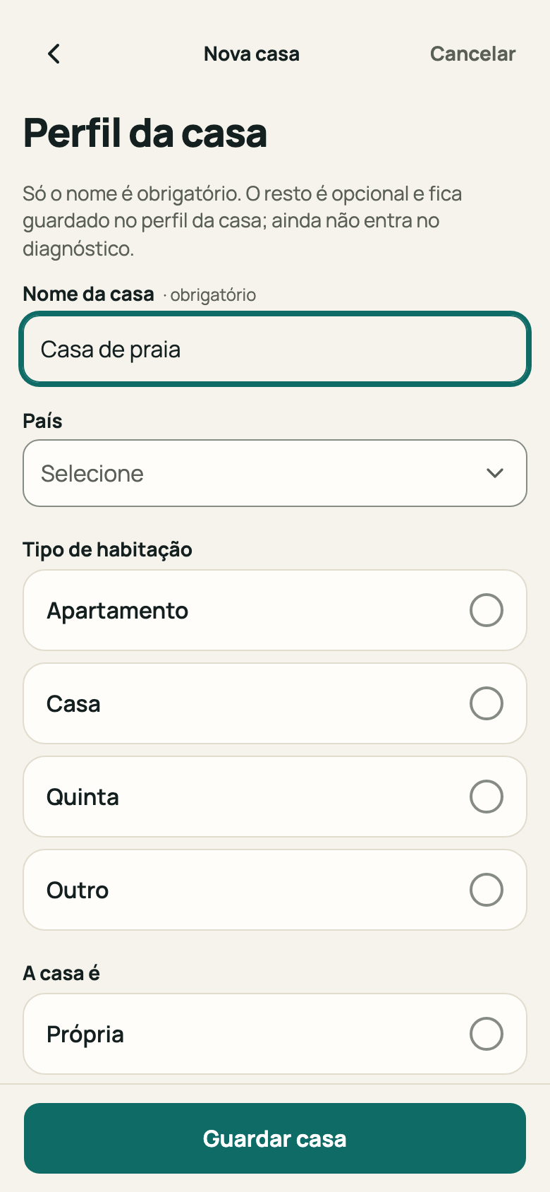 Ecrã «Perfil da casa» com o nome preenchido e o botão «Guardar casa»