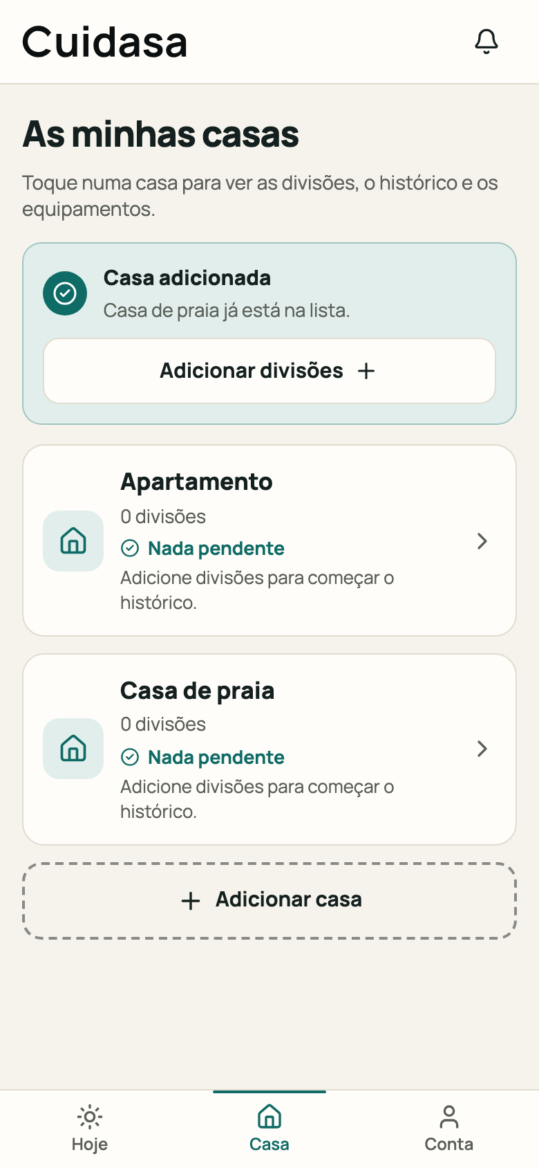 Confirmação «Casa adicionada» com o botão «Adicionar divisões»