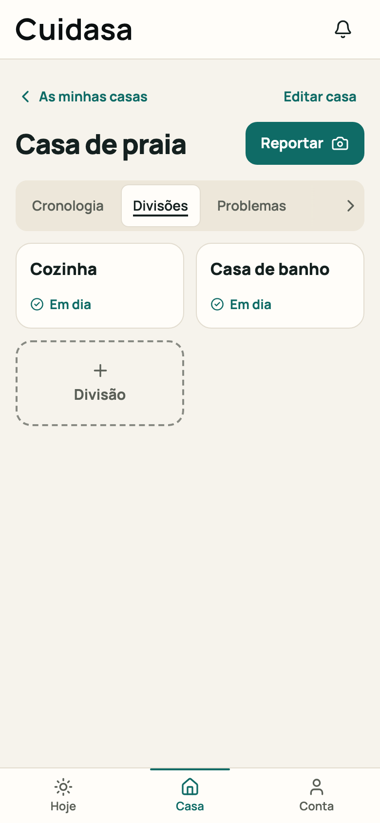 Separador «Divisões» da casa com duas divisões