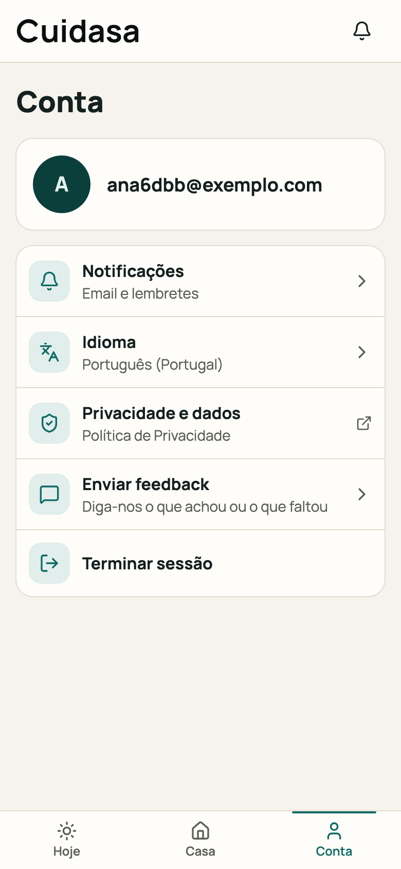 Separador Conta com a lista de opções
