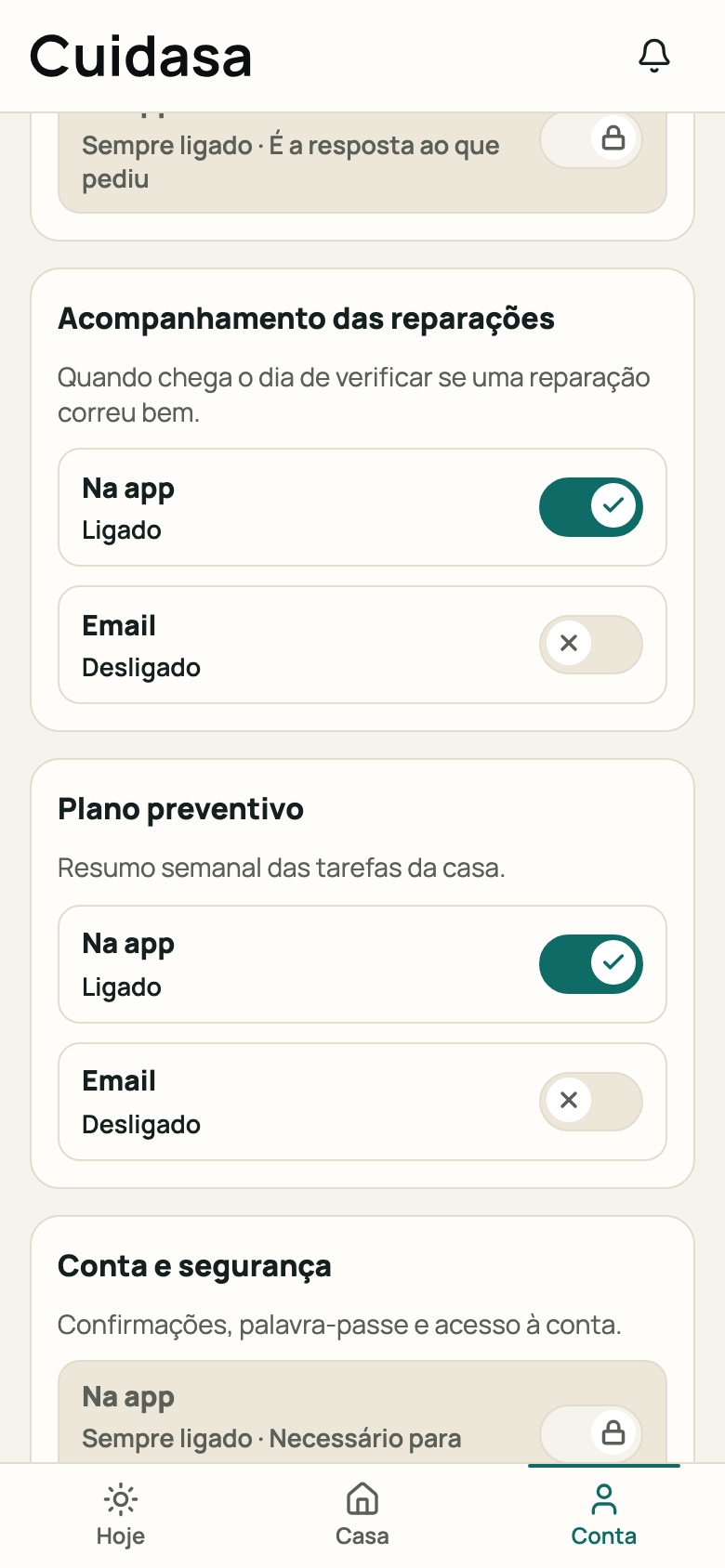 Ecrã «Notificações»