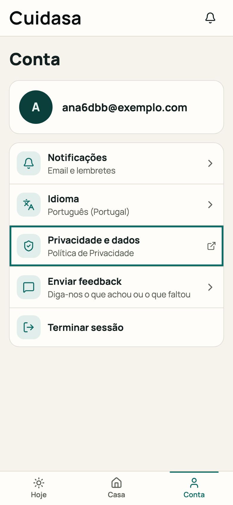 Item «Privacidade e dados» na Conta