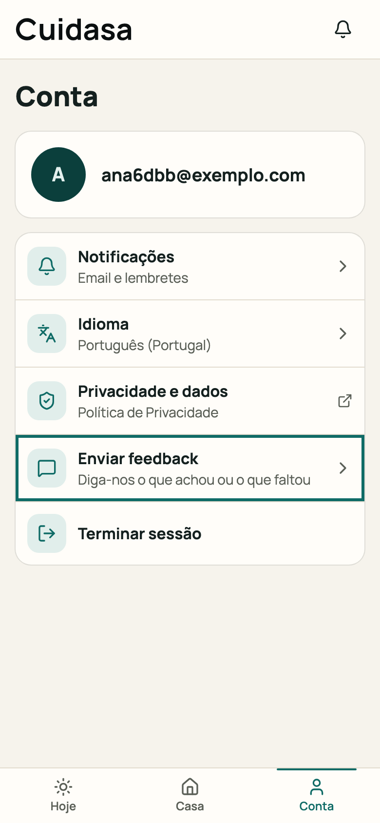 Item «Enviar feedback» e o endereço de contacto
