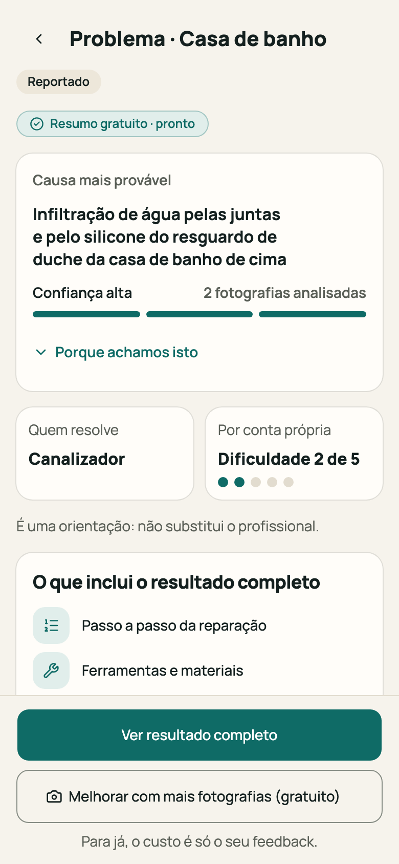 Resumo do resultado com causa e confiança