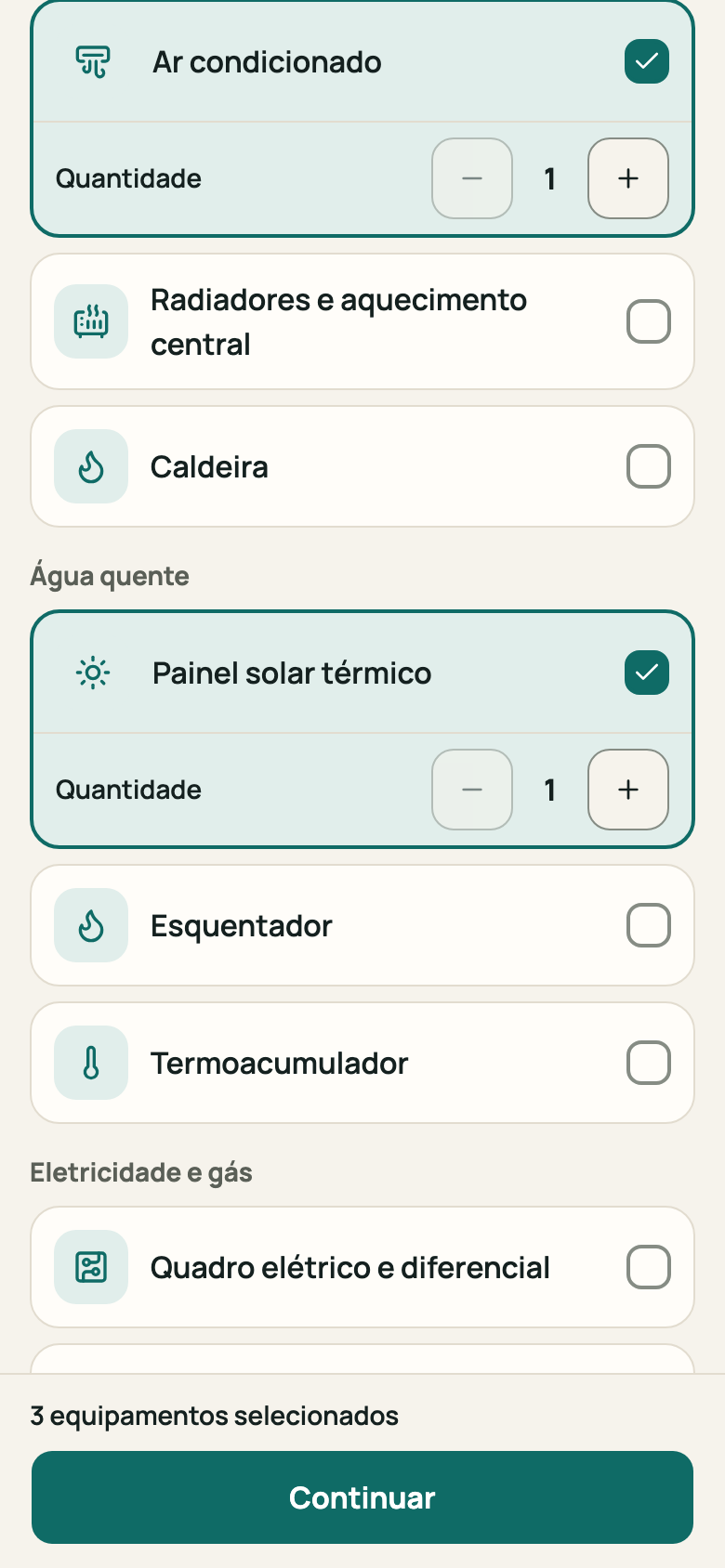 Passo «Equipamentos» com itens assinalados