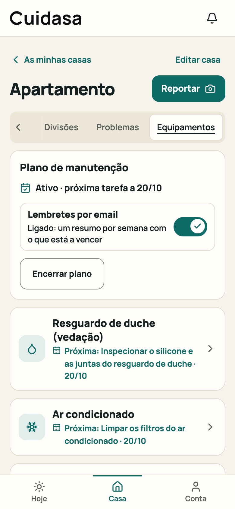 Bloco do plano no separador «Equipamentos»