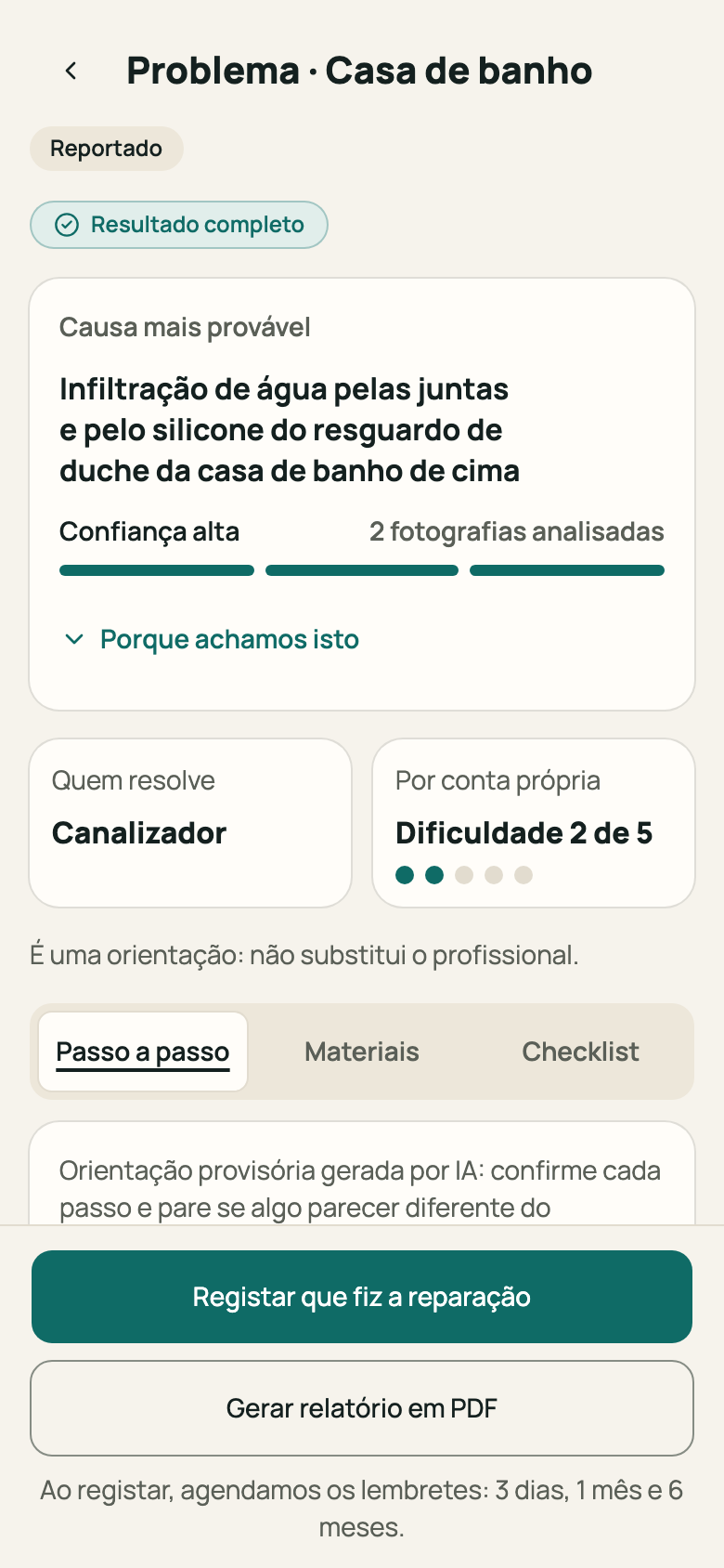 Resultado completo com o botão «Registar que fiz a reparação»