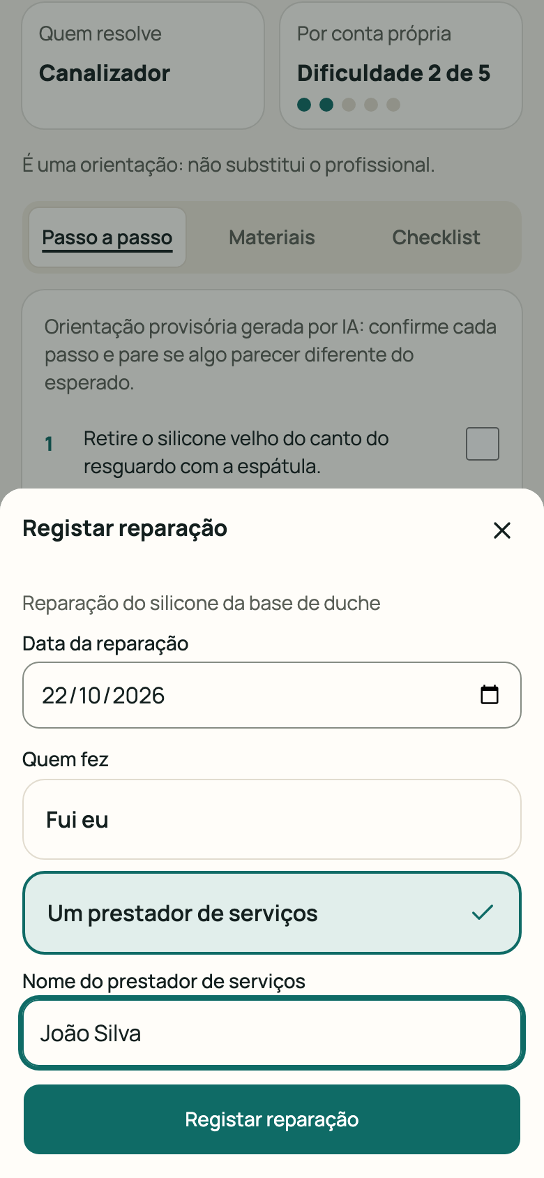 Painel «Registar reparação» preenchido