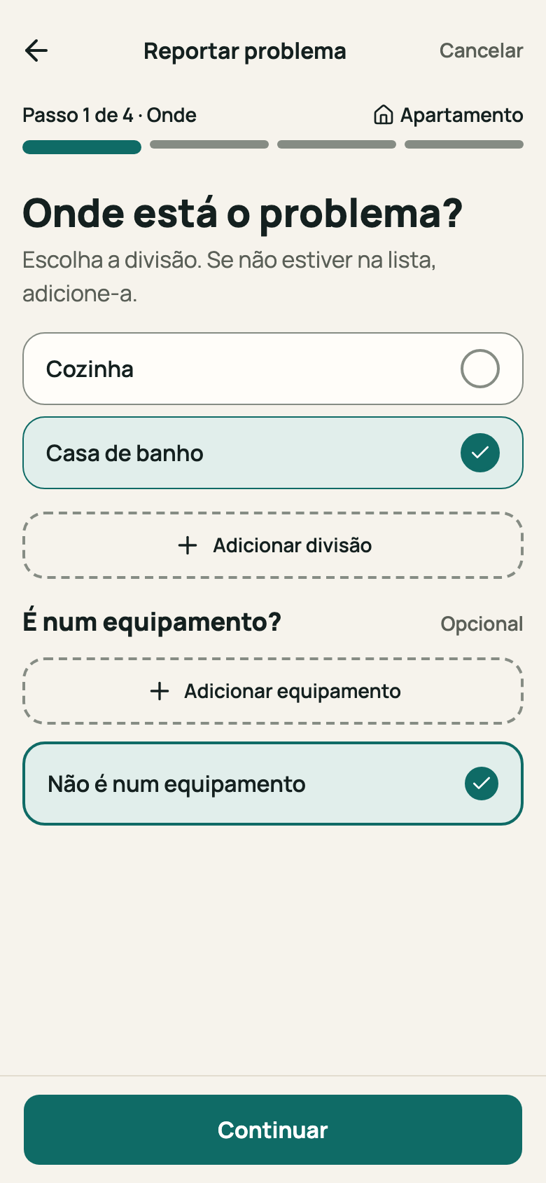 Passo «Onde» com a casa e a divisão escolhidas