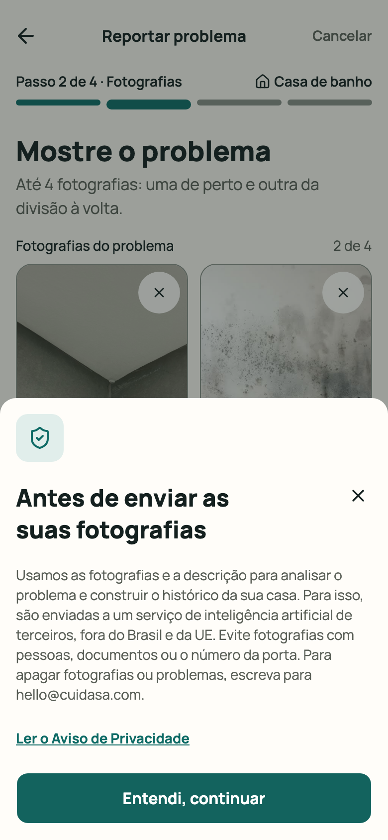 Aviso «Antes de enviar as suas fotografias»