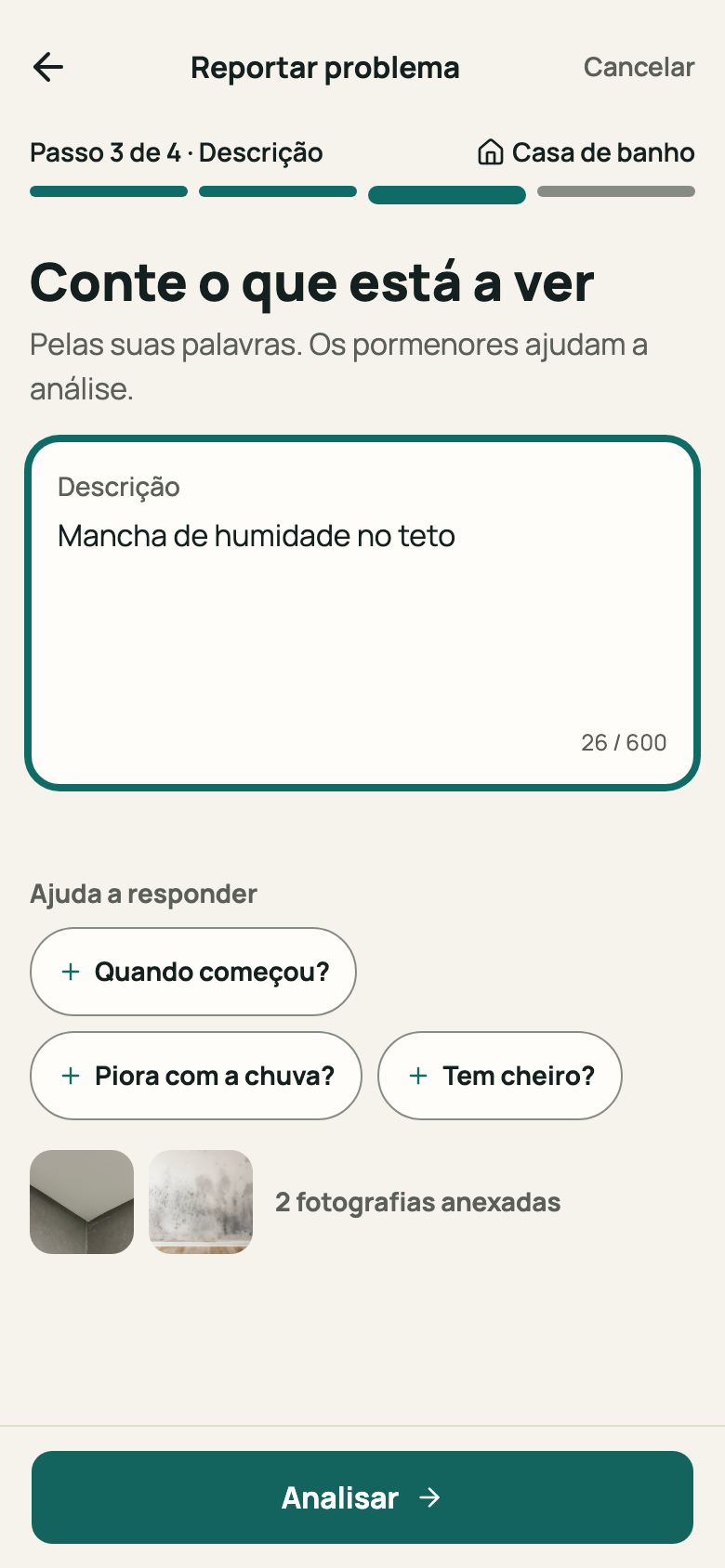 Passo «Descrição» com texto e sugestões