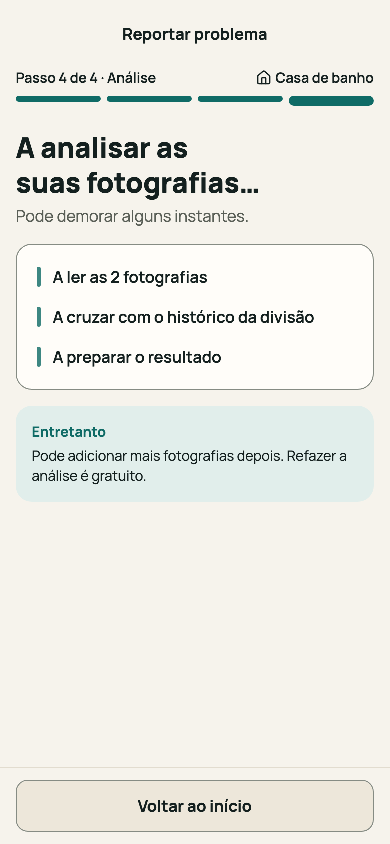 Ecrã «A analisar as suas fotografias…»