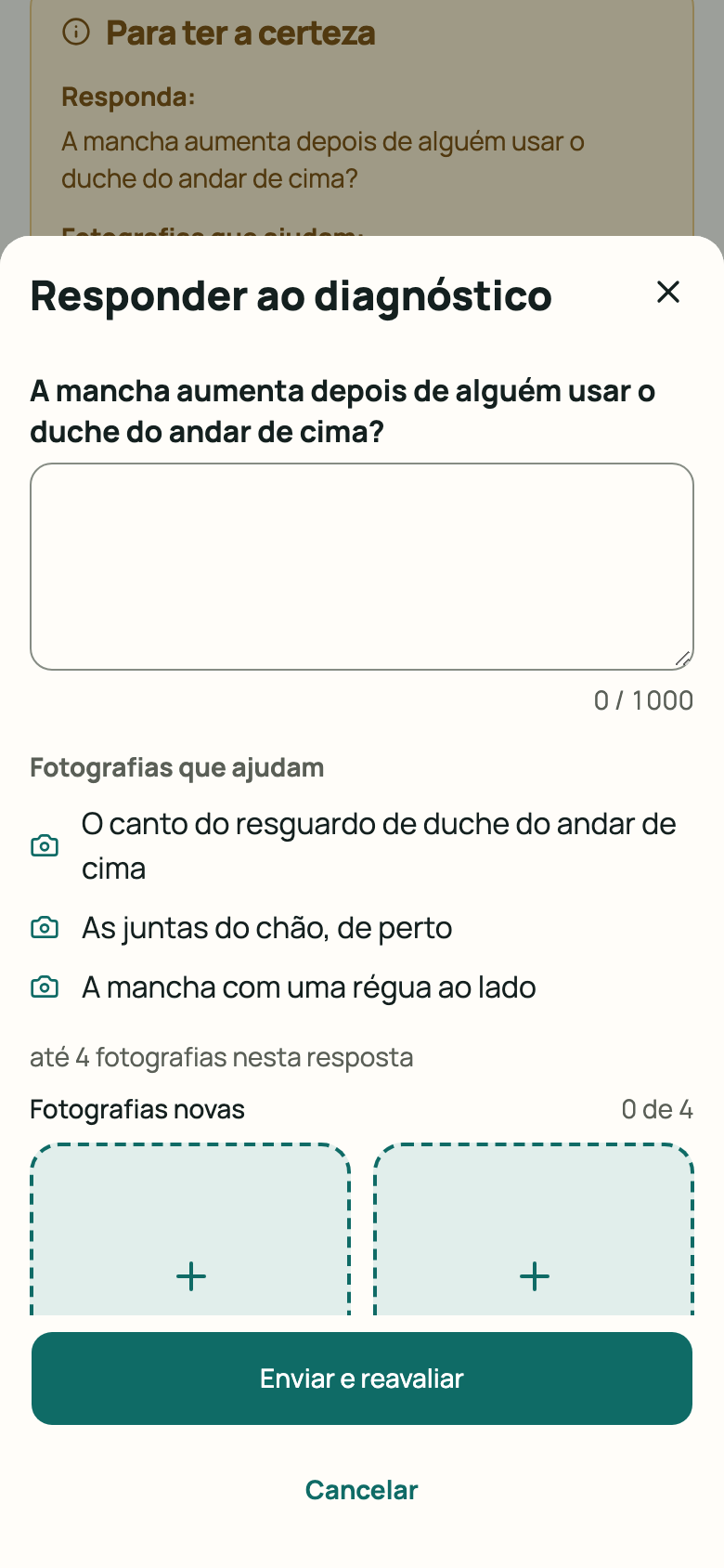 Painel «Responder ao diagnóstico» aberto